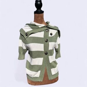 Hollister green & white striped draped neck short sleeve cardigan sweater